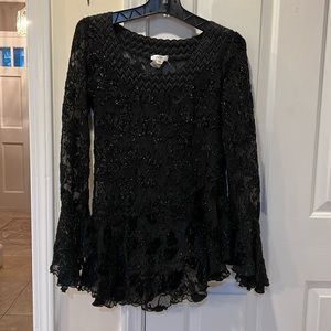 Cache Black Beaded Lace Long-Sleeve Blouse with Flared Hem